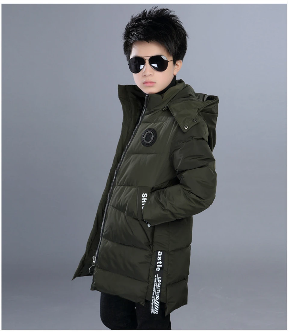 Зимняя куртка Детская Одежда для маленьких мальчиков пальто из толстого хлопка;-30 градусов От 3 до 15 лет пуховое пальто куртка с капюшоном для мальчиков одежда для снежной погоды - Цвет: Армейский зеленый