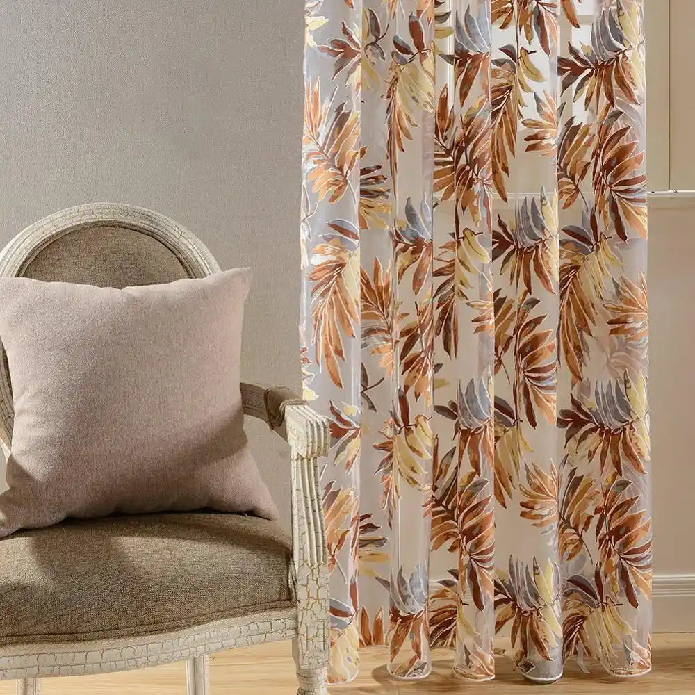 Topfinel Blue Tropical Leaves Print Sheer Curtains For Living Room