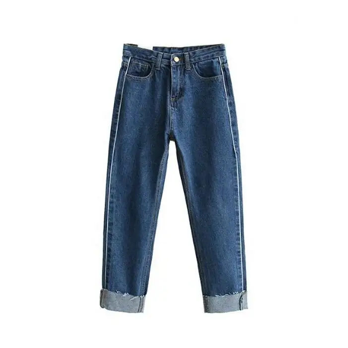 European style 2017 new fashion side of the white line denim pants hem curling women jeans