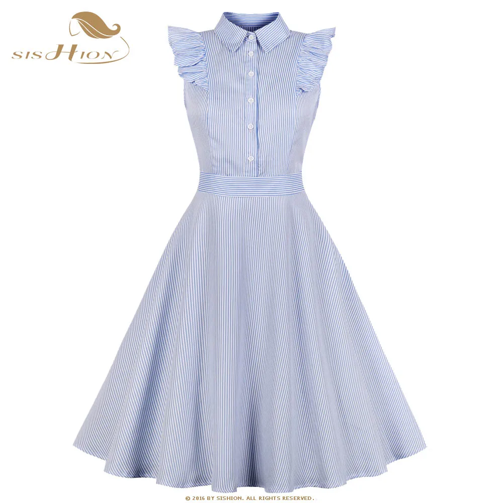 

SISHION Shirt Dress Sleeveless Elegant Ruffles Striped 50s 60s Cotton Women Plus Size Vintage Dresses VD0810