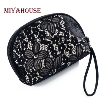 

Miyahouse Soft Black Lace Design Cosmetic Bag Fashion Bow Lady Zipper Cosmetic Bag Small Pouch Cosmetic Wash Bag Lady