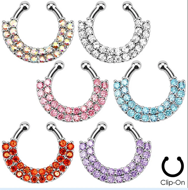 

Belly Button Rings Piercing Nombril 2015 New Non-piercing Double Line Paved Gem Septum Hanger Clip-on Fake Nose Ring 6 Color