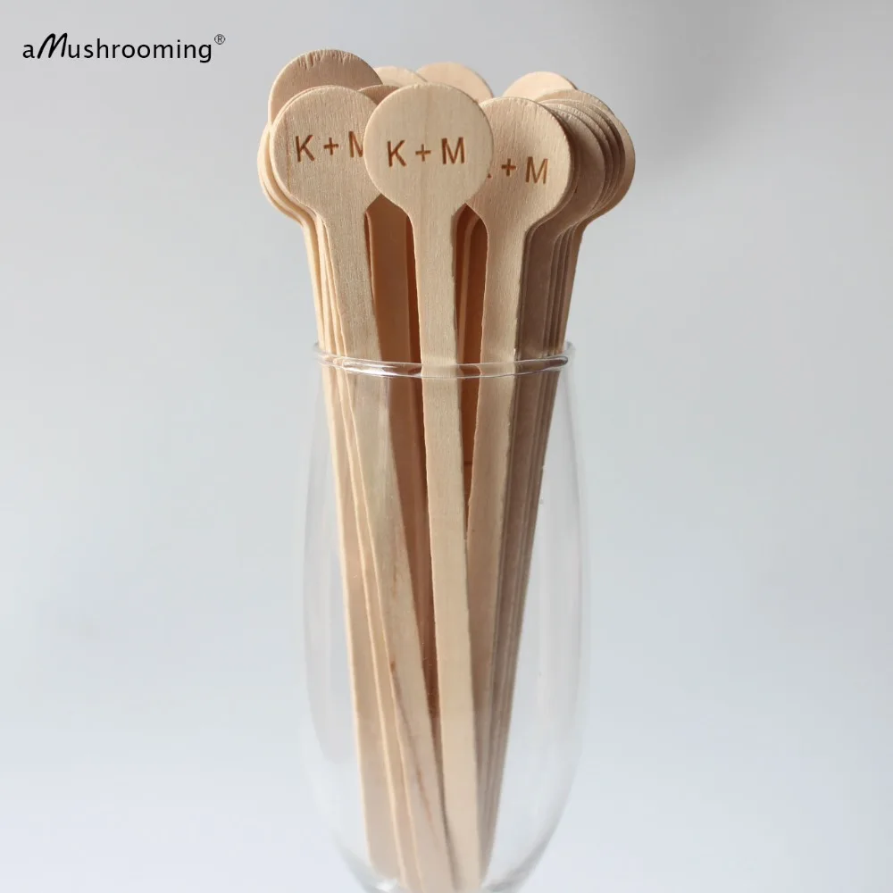 x100 15cm Round Wooden Disposable Coffee Stirrers Personalize Engraved