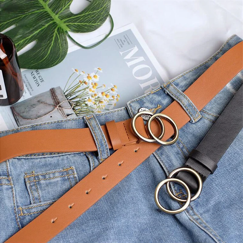 Double Ring Buckle Vintage Ladies Belt Jeans Wild Belts For Women Fashion Students Simple New Circle Pin Buckles Belt