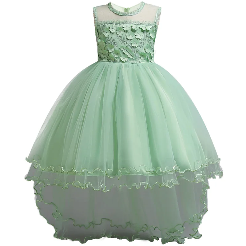 

New Brand Girl Long Tail Dresses Pearls halter neck Rose Flowers Party Wear Princess Dresses For Girls Tutu Children Clothes