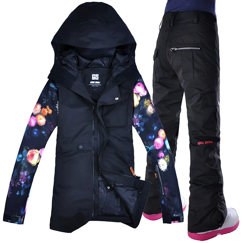 Gsou зимняя куртка для женщин, лыжный костюм, женская зимняя куртка и штаны, ветрозащитная водонепроницаемая цветная одежда - Цвет: Черный