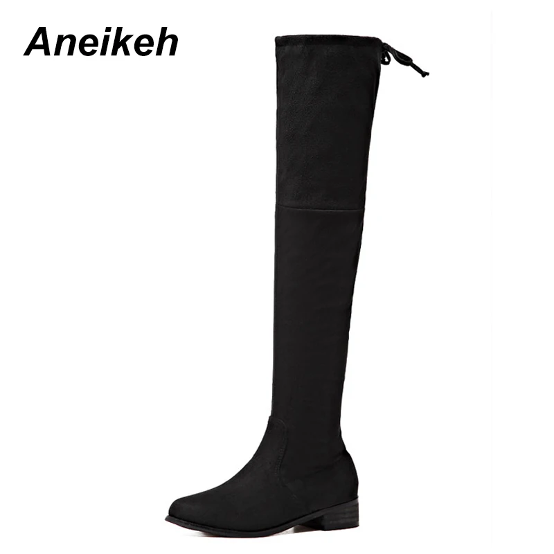 

Aneikeh Fashion Over Knee Thigh High Riding, Equestrian Boots Flock Women Autumn Sexy Square High Heels Women Shoes Size 4-9