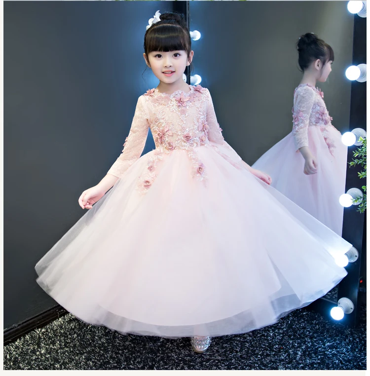 Г., платья с длинными рукавами и цветочным узором для девочек на свадьбу, Розовое Кружевное нарядное платье для девочек на день рождения платье принцессы, детское осеннее платье