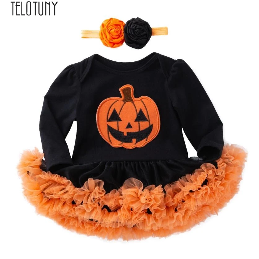 

TELO9TUNY baby rompers halloween costume baby Girls Halloween Pumpkin Bow Party Dress Clothes Dresses Z0829