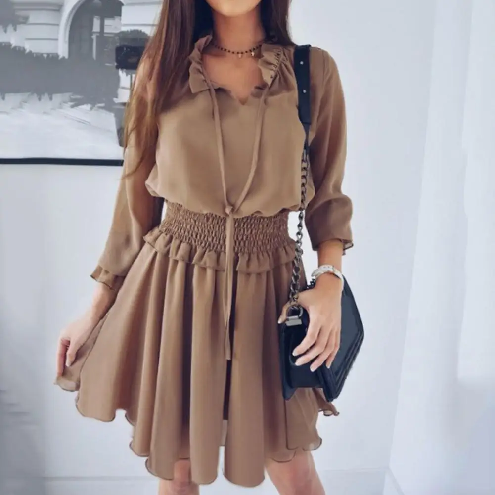 

Women Fashion Solid Color Ruffle Drawstring Long Sleeve V Neck Soft knee length Dress