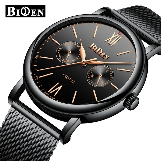 

Luxury Stainless Steel Mesh Band Men Business Wrist Watch BIDEN Fashion Casual Men Quartz Waterproof Sport Watches Gift Clock