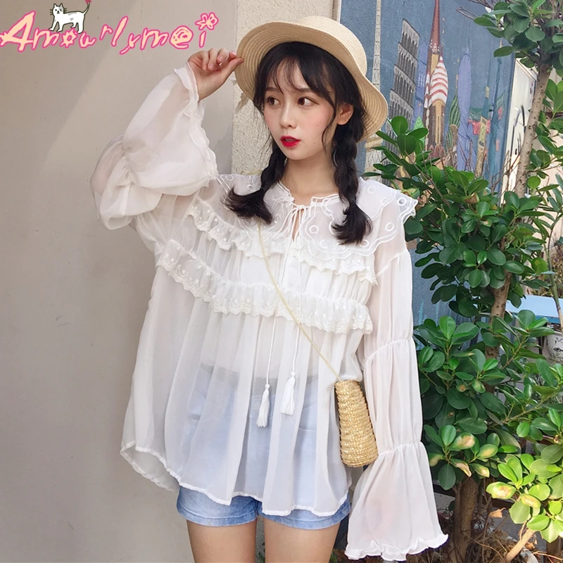 

Japanese Style Mori Girl Transparent Hollow Out Flower Lace Flare Sleeve Chiffon Blouse Lolita Kawaii Sweet Princess Shirt Tops