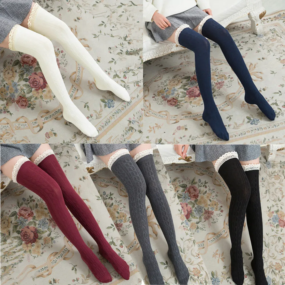 New Women Over The Knee Long Stocking Lace Striped Thigh High Stocking knee high socks Autumn spring Knee Socks Over The Knee