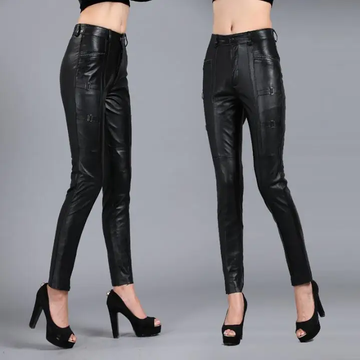 Leather leather pants women's trousers was thin pencil pants sheep skin large size women's trousers pants feet leggings Plus siz