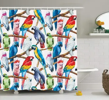 

Colorful Parrots on Tree Branches Exotic Jungle Watercolor Painting Polyester Fabric Bathroom Shower Curtain Set with Hooks