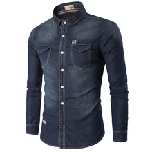 2017 fashion men’s denim shirt, spring men’s long-sleeved shirt, pocket Slim retro men’s pure color shirt S-XXL