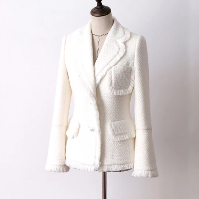White tweed jacket autumn and winter women's jacket new woolen trumpet