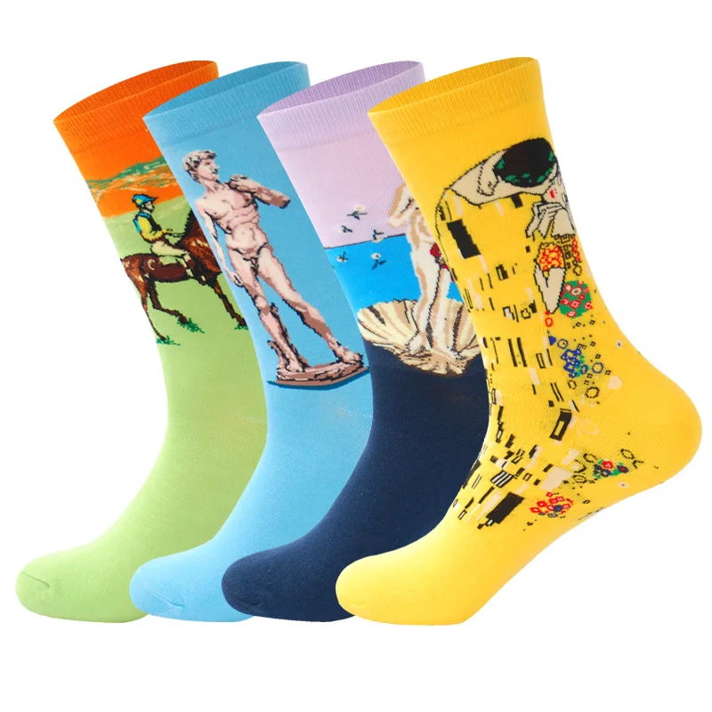 LIONZONE 4 пар/лот счастливые мужские носки смешное искусство платье носки мужские летние модные носки набор принт Ван Гог искусство носки - Цвет: C2