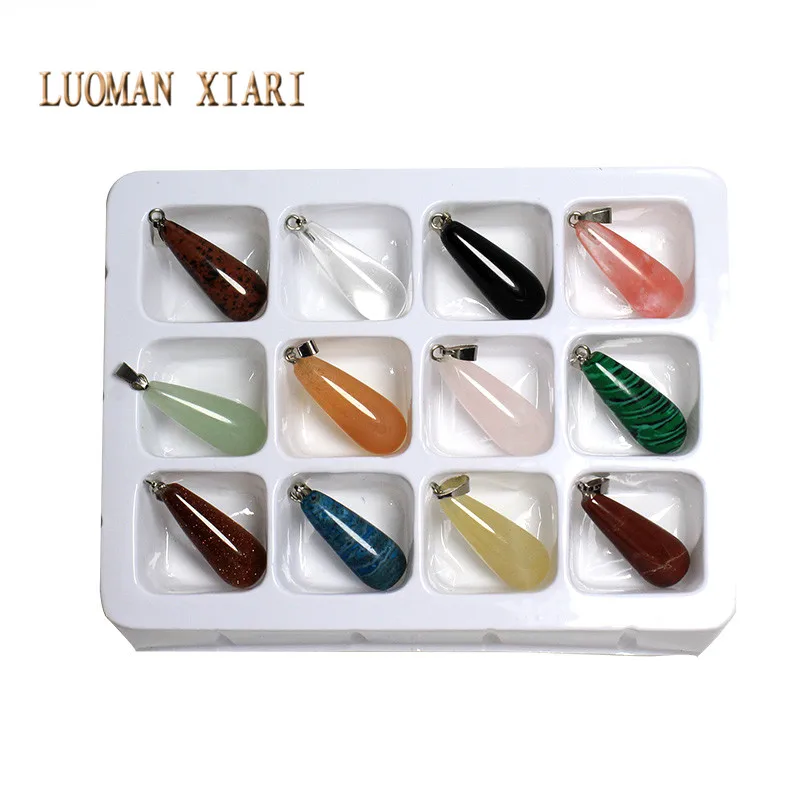 

Wholesale Multi-style 12 PCS Boxed Drop Shape Natural Stone Charms Pendant Fit DIY Necklaces For Jewelry Making 10*25 mm Random