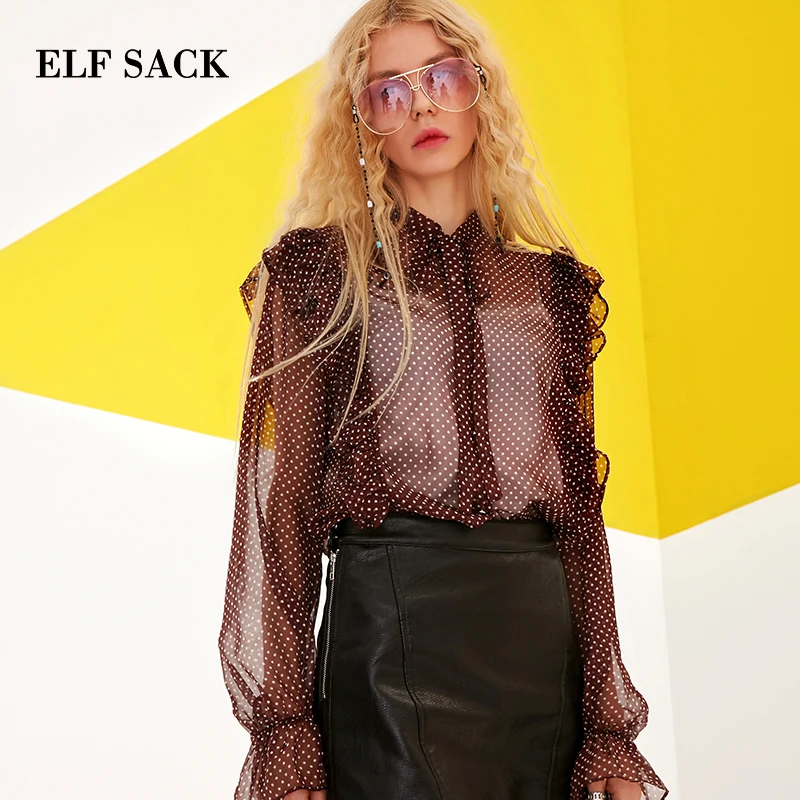 

ELF SACK Summer Vintage Ruffle Trim Polka Dot Women Blouses Ruffles Ladies Sexy Tie Chiffon Blouses Shirts Female Top Clothing