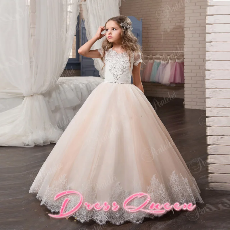 

2017 New Pink Flower Girls Dresses Ball Gown Lace Appliques Short Sleeve Little Girls Pageant Gowns Back Button Vestidos Custom