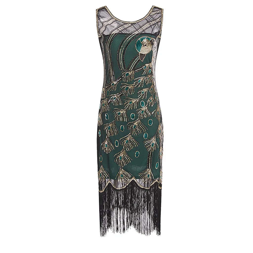 green Женское винтажное платье с блестками 1920s Great Gatsby платье с o-образным вырезом и кисточками Deco облегающее платье для вечеринки с бисером ретро vestidos Femme - Цвет: green
