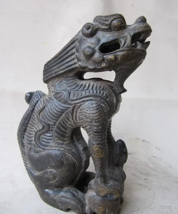 

6"Tibetan fengshui pure bronze Carved Kylin Kirin Foo Dog Lion beast statue