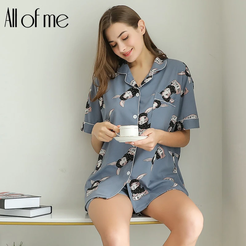 

Rabbit Design Blue Color Sleepwear Pajama Set Turn-down Collar Spring Summer Milk Fiber Cute Short Sleeve Shorts Pajama