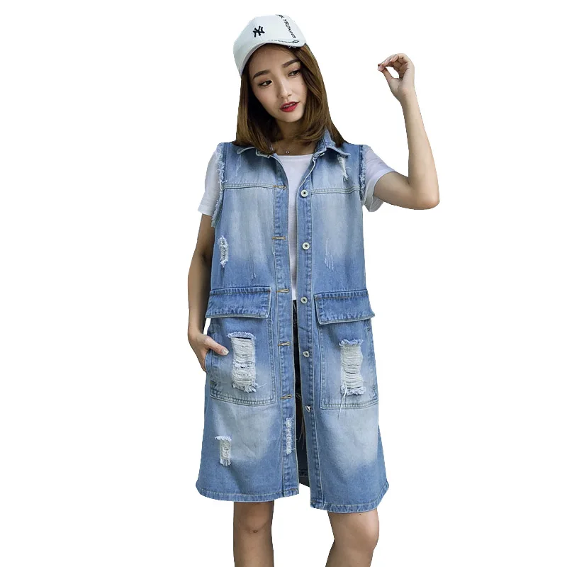 2019 New Women Denim Vests Long Cotton Single Breasted Vests High