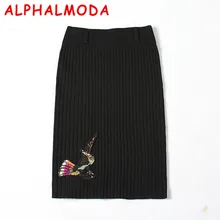 [ALPHALMODA] зимние женские модные юбки с высокой талией, расшитые блестками аппликации, прямые трикотажные рваные юбка с длиной до колена