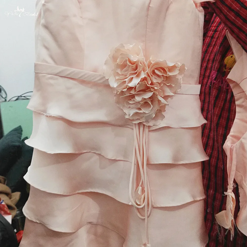 Fg81 персик Цвет цветами ручной работы Атлас-шифон Выпускные платья Обувь для девочек Многоуровневое Платья для церемонии причастия