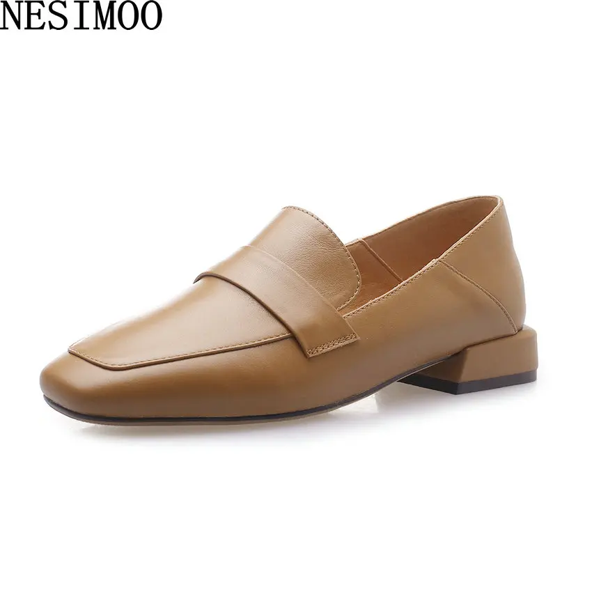 

NESIMOO 2019 Women Shoes Genuine Leather Square Toe Low Heel Solid Concise Slip On Spring Autumn All Match Casual Size 34-39