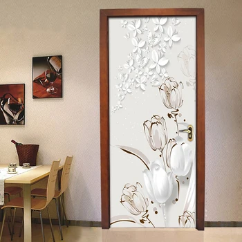 PVC Self-Adhesive Waterproof Door Sticker White Flowers Butterfly Wall Mural Wallpaper 3D Living Room Bedroom Home Decor Sticker door stickers landscape waterproof living room bedroom door wallpaper self adhesive art wall decals imitation 3d wall sticker