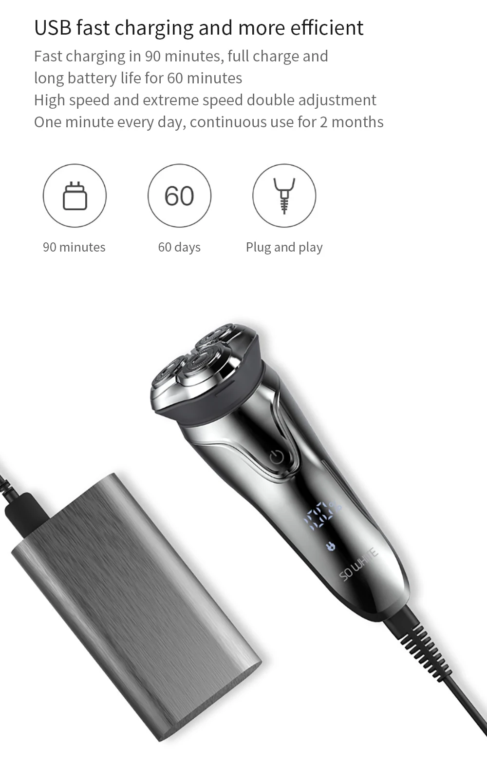 Xiaomi SO WHITE Cordless 3D Smart Control Shaver USB Charging Beard Electric Razor Face Men Care Multifunction Strong Trimmer (12)