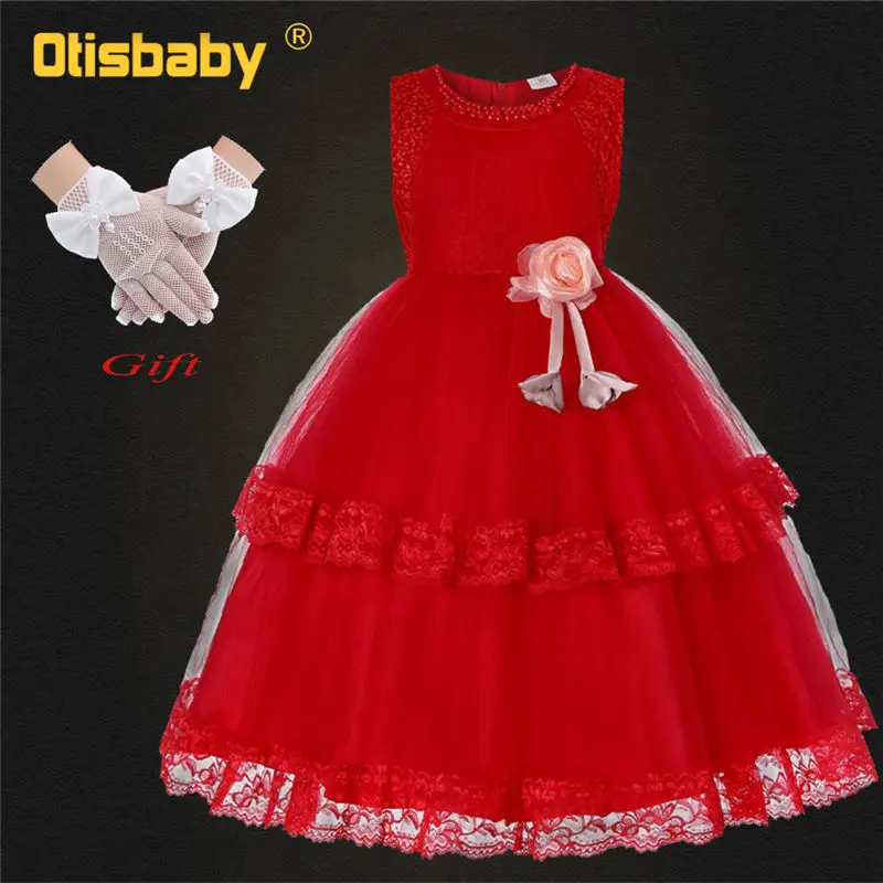 Детские свадебные вечерние платья с аппликациями Бисероплетение платья для девочек длинные платья для выпускников подростковые девочки вечернее, свадебное платье - Цвет: Red Set