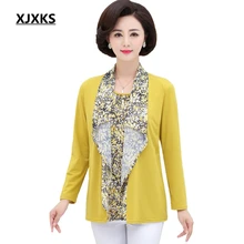 XJXKS, весенне-осеннее пальто с длинными рукавами для мамы, для женщин среднего возраста, топ, осенняя Футболка, большой размер, поддельная футболка из двух предметов