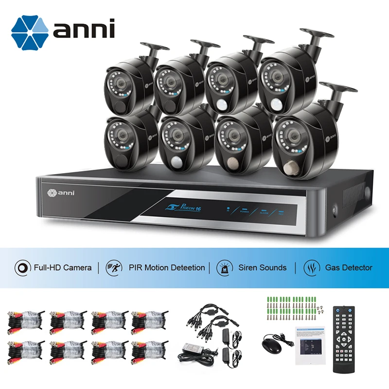 

ANNI Security Surveillance Kit, 16CH 1080N Digital Video Recorder, 8 x 1080P Cameras with PIR sensor, Gas Detector ,Siren NO HDD