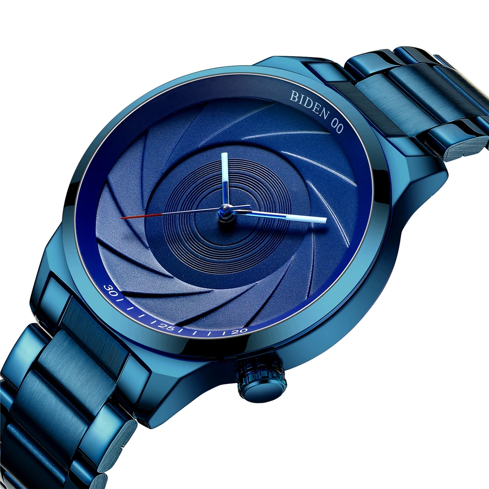 

BIDEN Brand Luxury Fashion Casual Quartz Watch Photographer Series Unique Camera Waterproof Stainless Steel Men's Watches Blue