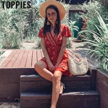 Мини-платье в стиле бохо, винтажное летнее платье с цветочным принтом, плиссированное женское платье с коротким рукавом и v-образным вырезом, сарафан со шнуровкой на талии