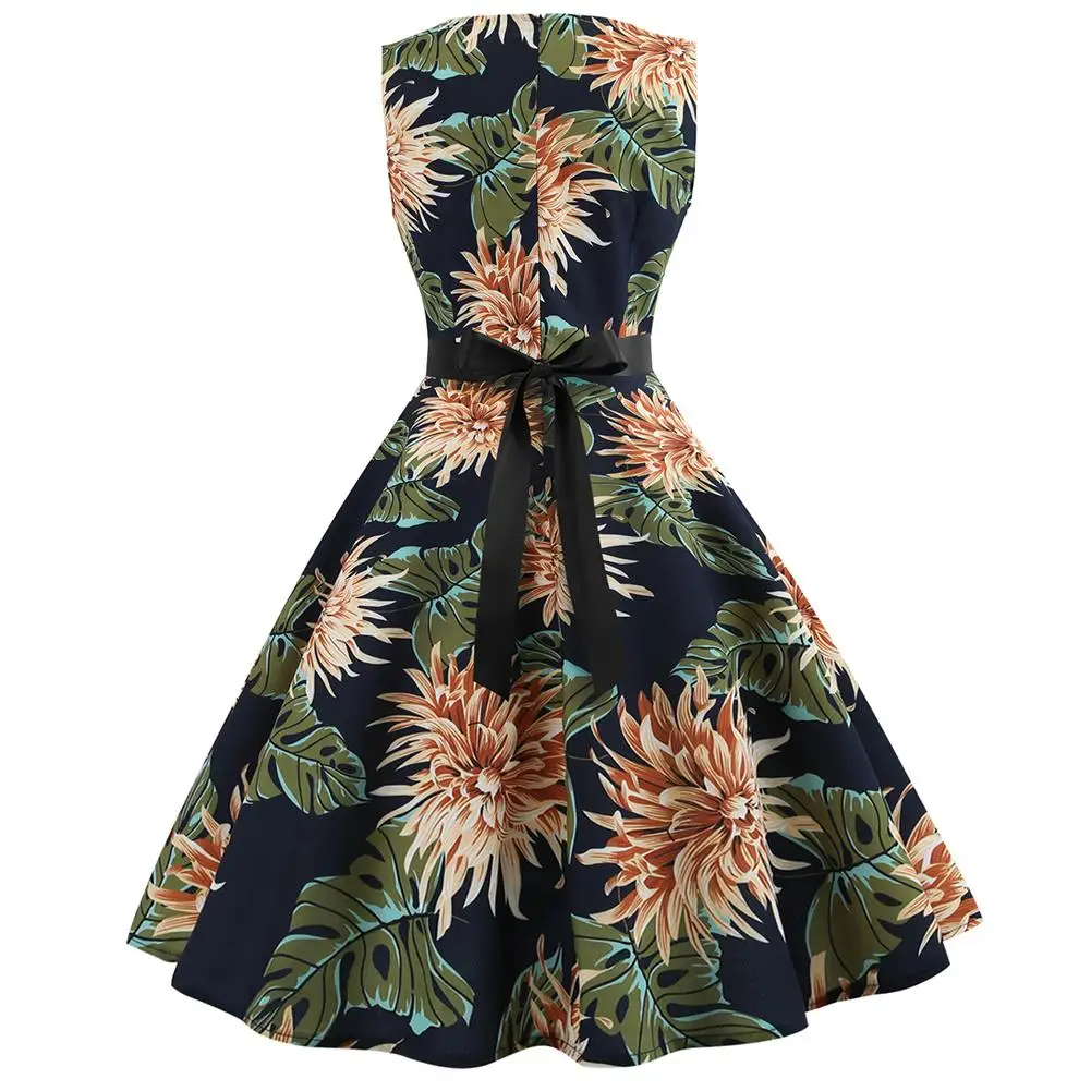 

New Vintage Floral Stripe Skull Sleeveless O-Neck Women Skater Dress with Sash