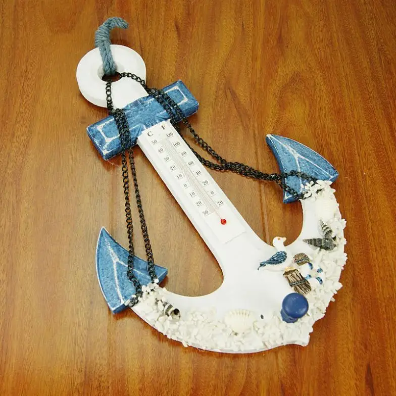 Madera grande termómetro del ancla ganchos, estilo mediterráneo, el