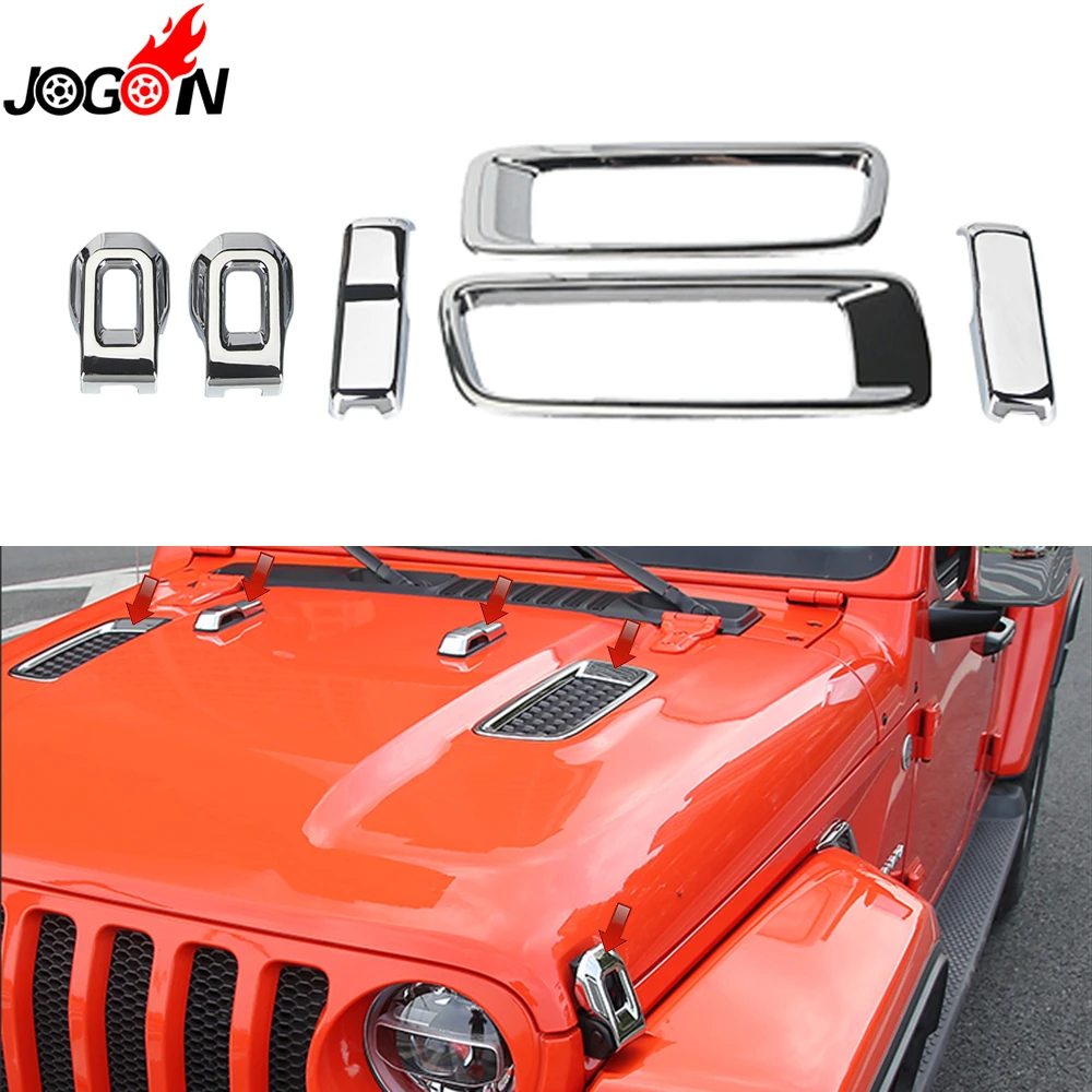 

6pcs Glossy Silver For Jeep Wrangler JL 2018 2019 Car Styling Engine Hood Lock & Vent & Water Spray Cover Trim Accessories