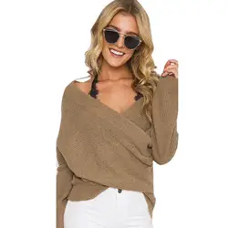 Прохладный сексуальный в европейском стиле v-образным вырезом женщина свитер Лидер продаж однотонные женские зима осень шик пуловер