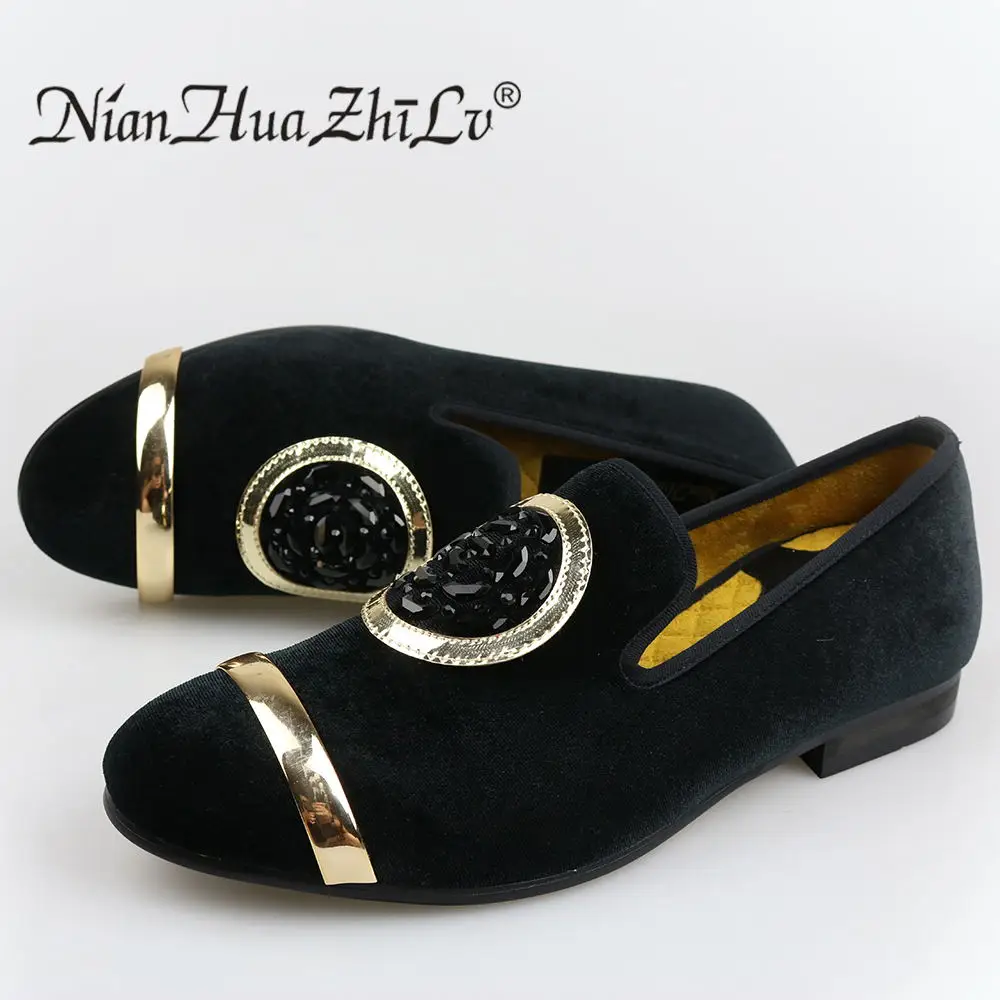 New Fashion Men Velvet Dress Loafers men's classic Casual Shoes Gold Top and Metal Toe Handmade luxurious flats