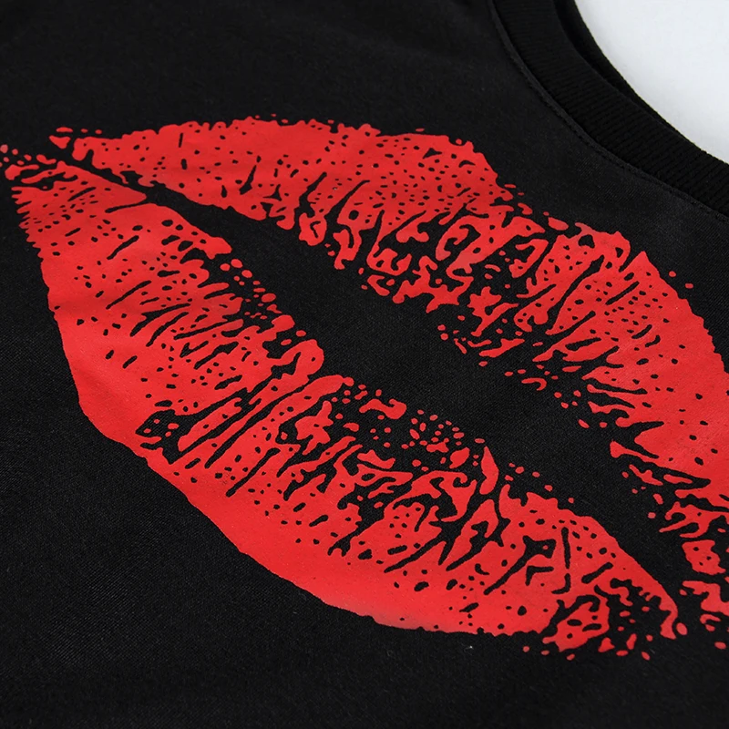 Off Shoulder Female Pullovers Long-Sleeved Women Hoodies Funny Sweatshirts Mouth Red Lip Printed Raw Edge Sexy Hoddy Black ZX035 Hoodies