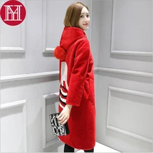 Женское зимнее пальто с капюшоном, длинное пальто из натуральной шерсти, Женская куртка из натурального меха, плотное теплое пальто из настоящей вязанной шерсти