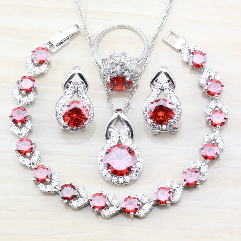 

Fabulous 925 Sterling Silver Women Wedding 4PCS Jewelry Sets Red Garnet Ring Size 6/7/8/9/10 Bracelet Length 18CM JS31