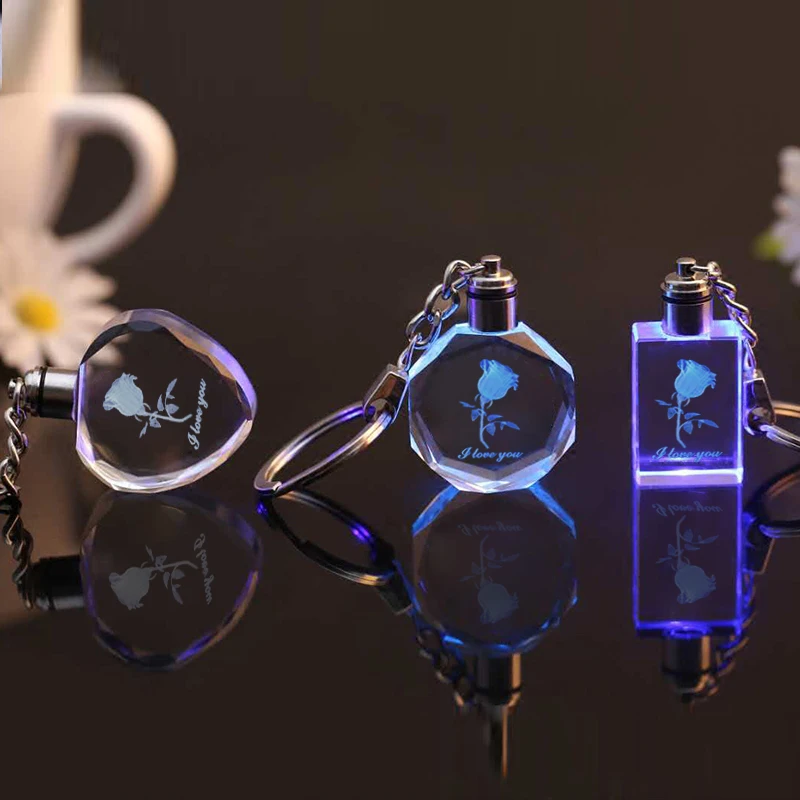 

1pc DIY Laser Engraved Crystal Colorful LED Light Key Ring Glass Keychain Decoration Accessories Pendant Gift Hot Sale