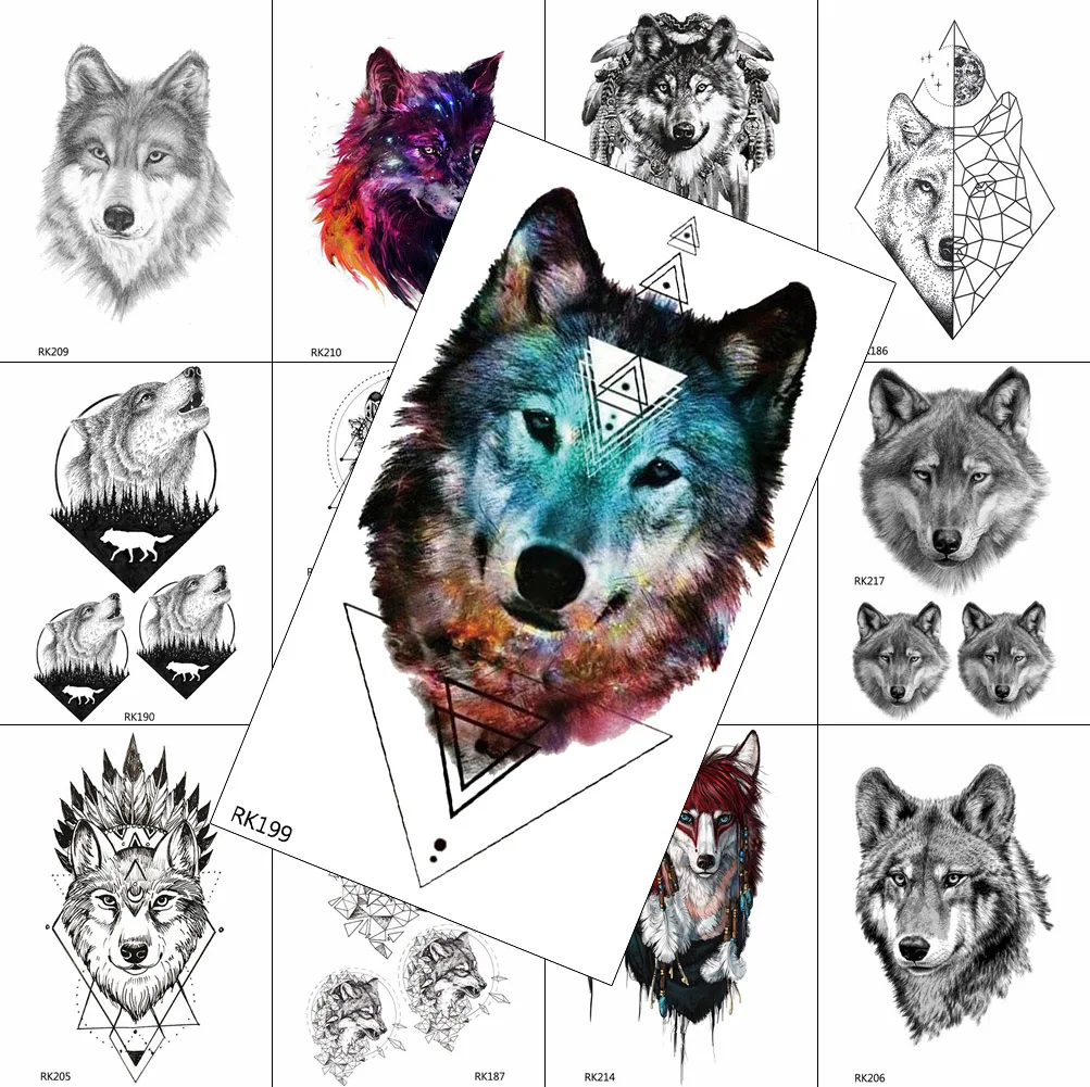 

Geometric Colorful Wolf Temporary Tattoos Realistic Sheets Coyote Sticker Fake Fashion Body Art Arm Wasit Tattoos Decal For Men