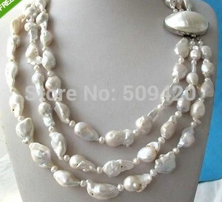 

FREE SHIPPING>>@> HOT >3Strands White Keshi Keishi Baroque Freshwater Pearl Necklace Mabe Clasp 17-19